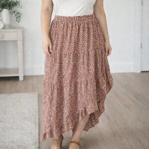 Floral  Rust/Cream XL Boho Elastic Waist Tiered Ruffle High-Low Beach Midi Skirt